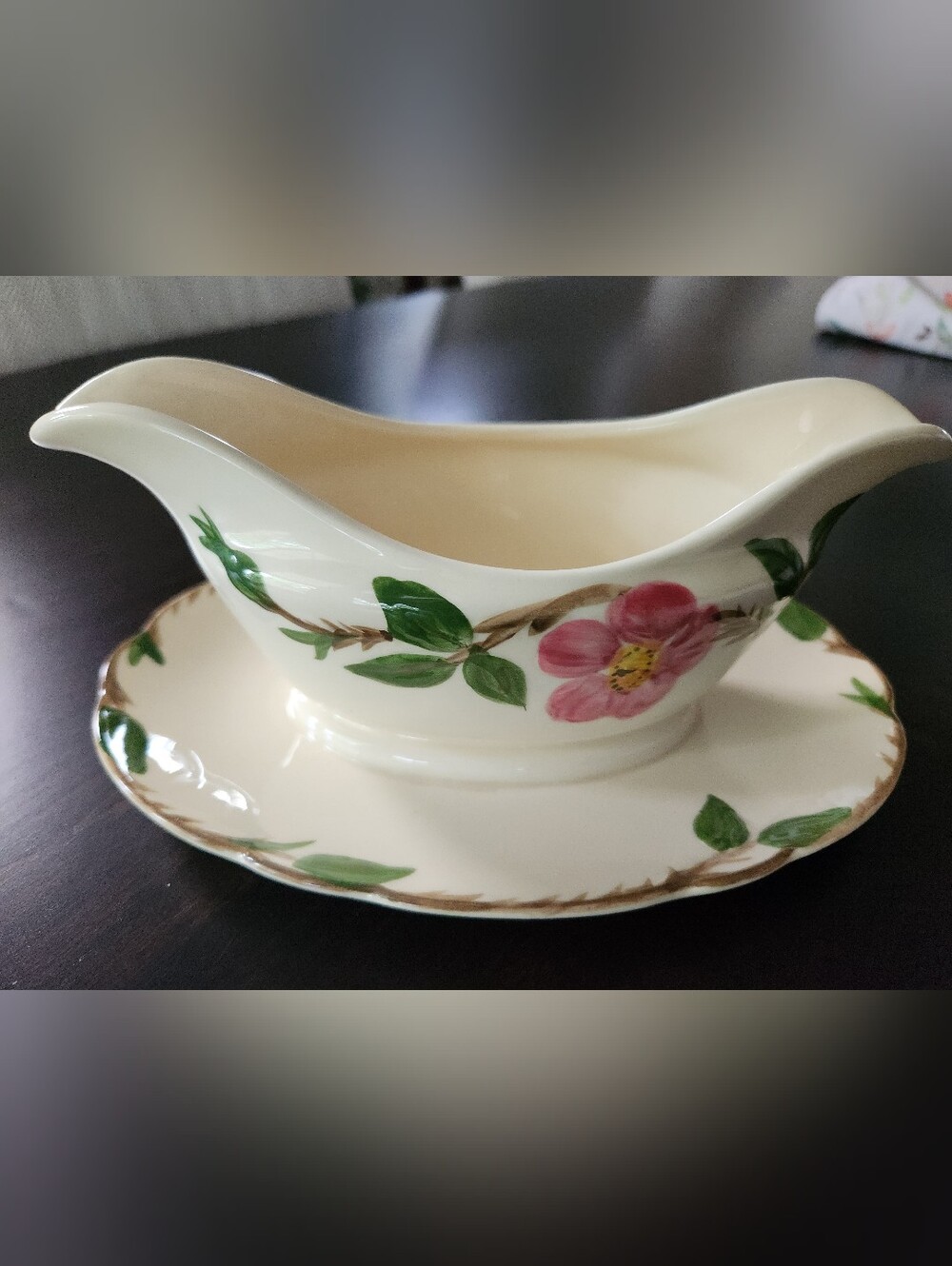 Vintage 1950s Franciscan Desert Rose Gravy Boat w Attached Plate Made In USA